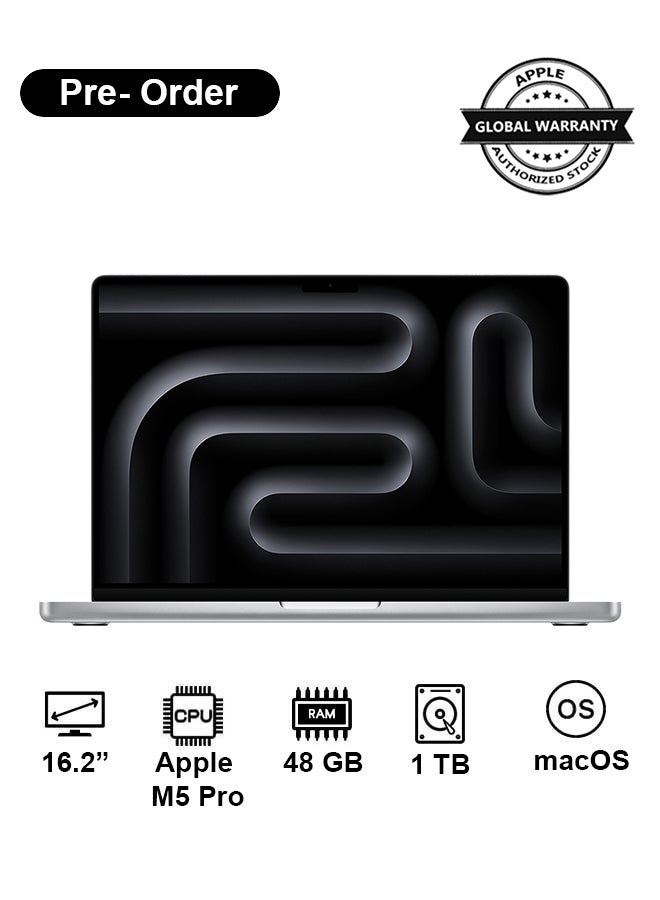 Apple New 2026 MacBook Pro MGE64 | 16.2 Inch Display | Apple M5 Pro Chip 18-Core CPU 20-Core GPU | 48GB RAM | 1TB SSD | macOS | English And Arabic Keyboard | Silver - Image 1