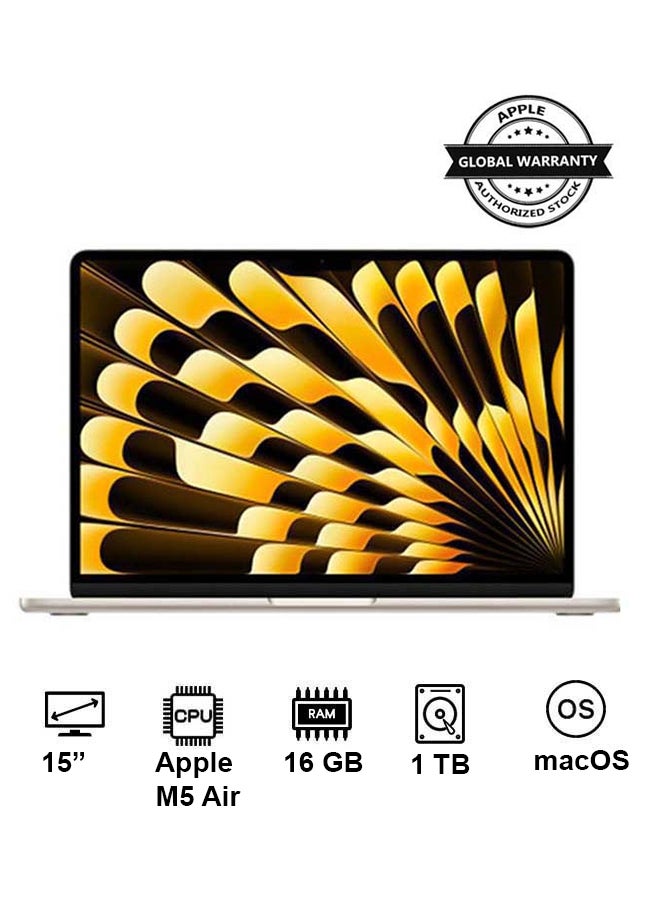 Apple New 2026 MacBook Air MDVE4 | 15 Inch Display | Apple M5 Air  | 10-Core CPU 10-Core GPU | 16GB RAM | 1TB SSD | macOS | English Keyboard | Starlight - Image 1
