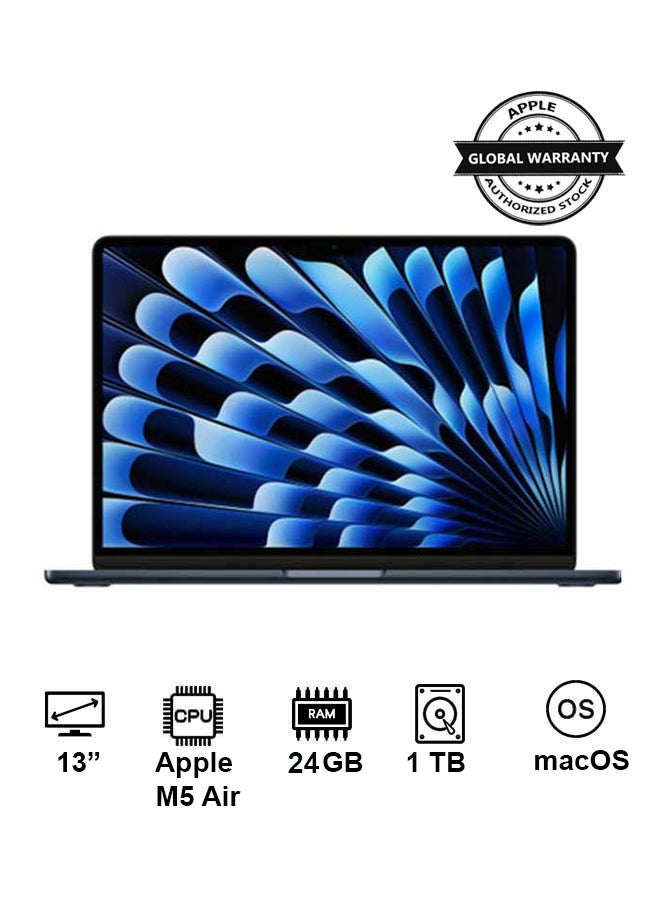 Apple New 2026 MacBook Air MDHG4 | 13 Inch Display | Apple M5 Air  | 10-Core CPU 10-Core GPU | 24GB RAM | 1TB SSD | macOS | English Keyboard | Midnight - Image 1