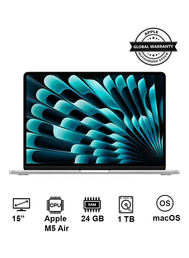 Apple New 2026 MacBook Air MDVC4 | 15 Inch Display |  M5 Air 10-Core CPU 10-Core GPU | 24GB RAM | 1TB SSD | macOS | English  Keyboard | Silver - Image 1