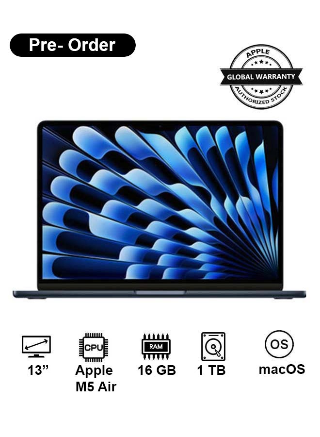 ابل  New 2026 MacBook Air MDHF4 | 13 Inch Display | Apple M5 Air  | 10-Core CPU 10-Core GPU | 16GB RAM | 1TB SSD | macOS | English And Arabic Keyboard | Midnight - Image 1