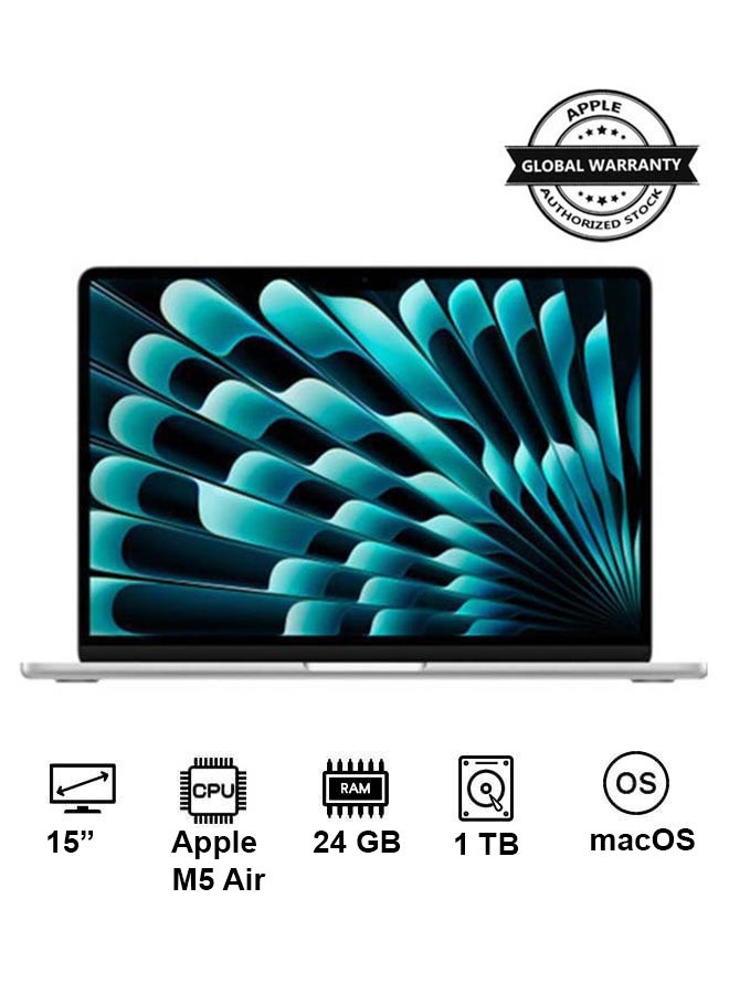 Apple New 2026 MacBook Air MDVC4 | 15 Inch Display | Apple M5 Air  | 10-Core CPU 10-Core GPU | 24GB RAM | 1TB SSD | macOS | English And Arabic Keyboard | Silver - Image 1