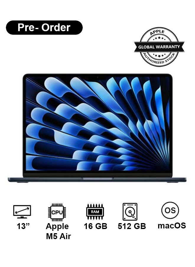 ابل  New 2026 MacBook Air MDHE4 | 13 Inch Display | Apple M5 Air | 8-Core CPU 10-Core GPU | 16GB RAM | 512GB SSD | macOS |  English And Arabic Keyboard | Midnight - Image 1