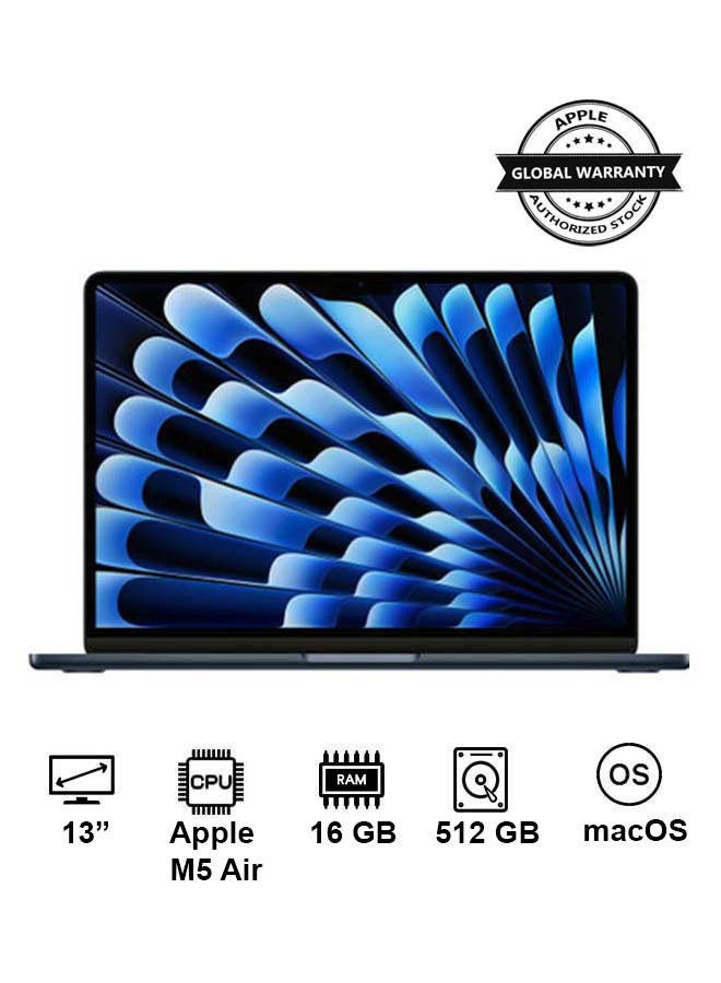 Apple New 2026 MacBook Air MDHE4 | 13 Inch Display | Apple M5 Air | 8-Core CPU 10-Core GPU | 16GB RAM | 512GB SSD | macOS |  English And Arabic Keyboard | Midnight - Image 1