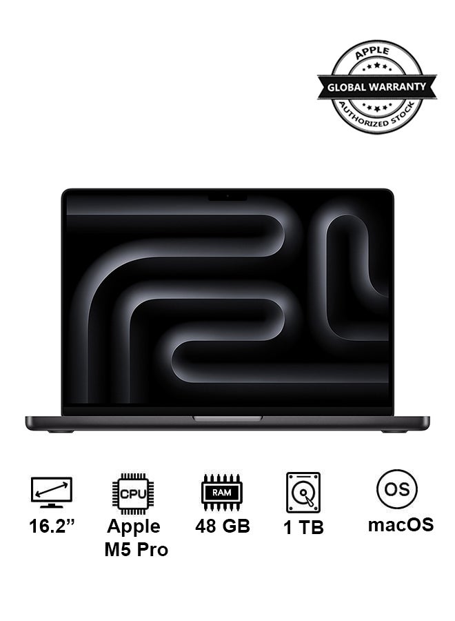 ابل  New 2026 MacBook Pro MGEC4 | 16.2 Inch Display | Apple M5 Pro Chip 18-Core CPU 20-Core GPU | 48GB RAM | 1TB SSD | macOS | English Keyboard | Space Black - Image 1