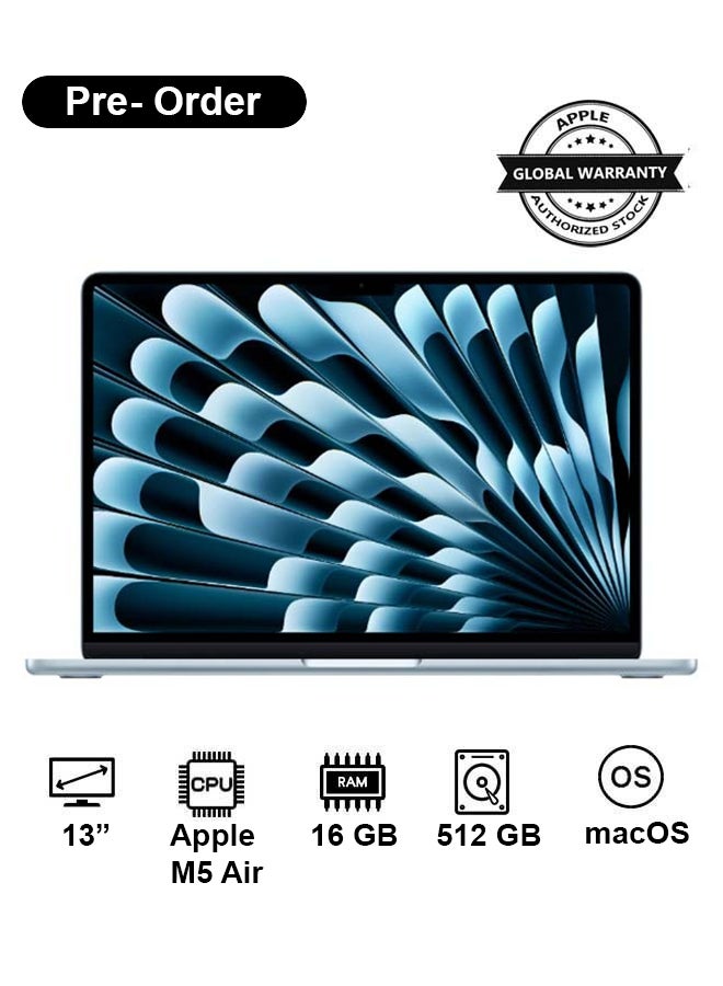 ابل  New 2026 MacBook Air MDHH4 | 13 Inch Display | Apple M5 Air | 8-Core CPU 10-Core GPU | 16GB RAM | 512GB SSD | macOS | English And Arabic Keyboard | Sky Blue - Image 1