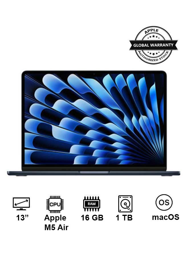 ابل  New 2026 MacBook Air MDHF4 | 13 Inch Display | Apple M5 Air  | 10-Core CPU 10-Core GPU | 16GB RAM | 1TB SSD | macOS | English Keyboard | Midnight - Image 1