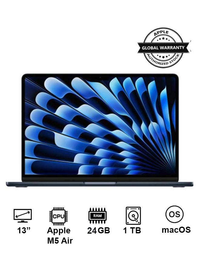 Apple New 2026 MacBook Air MDHG4 | 13 Inch Display | Apple M5 Air  | 10-Core CPU 10-Core GPU | 24GB RAM | 1TB SSD | macOS | English And Arabic Keyboard | Midnight - Image 1