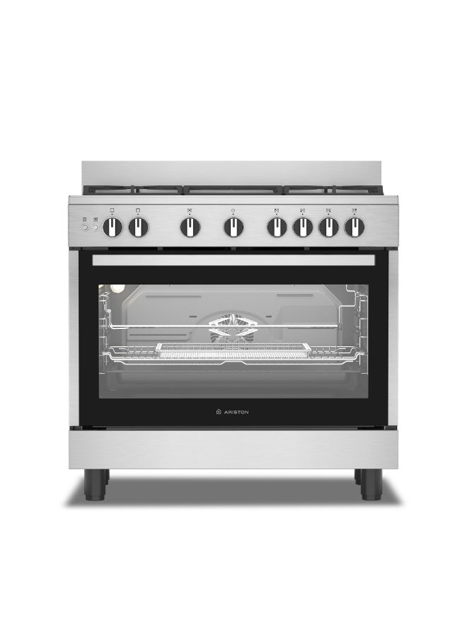 Ariston 90CM Gas Cooker, 5 Burners, Built-in Air Fryer, Fan-Assisted Oven, Self-Cleaning, Auto Ignition, Safety Valve, Cast Iron Support, Stainless Steel – ARR9GGF23129XME ARR9GGF23129XME Inox - Image 1