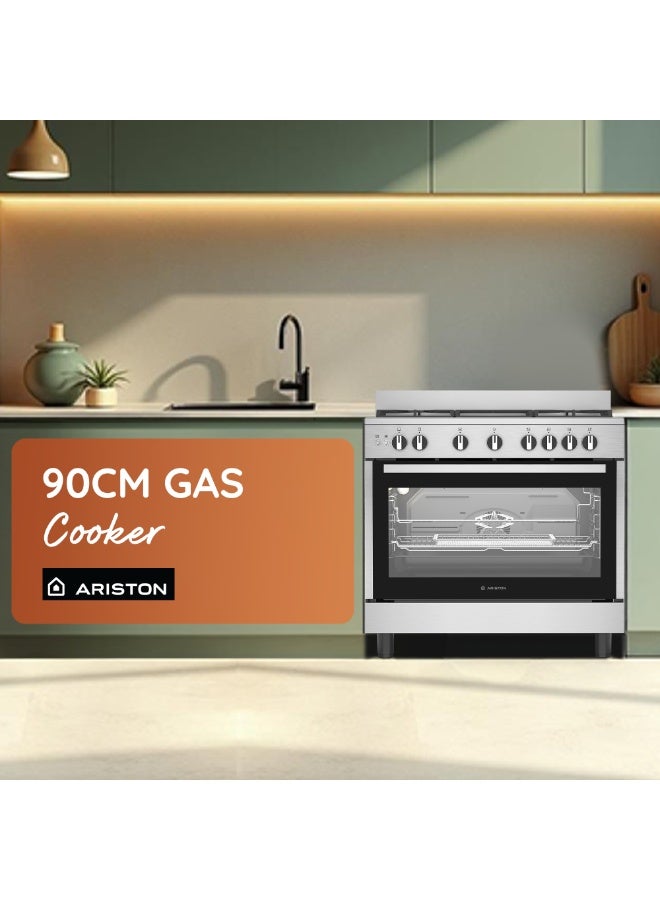 Ariston 90CM Gas Cooker, 5 Burners, Built-in Air Fryer, Fan-Assisted Oven, Self-Cleaning, Auto Ignition, Safety Valve, Cast Iron Support, Stainless Steel – ARR9GGF23129XME ARR9GGF23129XME Inox - Image 2