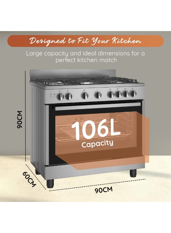 Ariston 90CM Gas Cooker, 5 Burners, Built-in Air Fryer, Fan-Assisted Oven, Self-Cleaning, Auto Ignition, Safety Valve, Cast Iron Support, Stainless Steel – ARR9GGF23129XME ARR9GGF23129XME Inox - Image 3