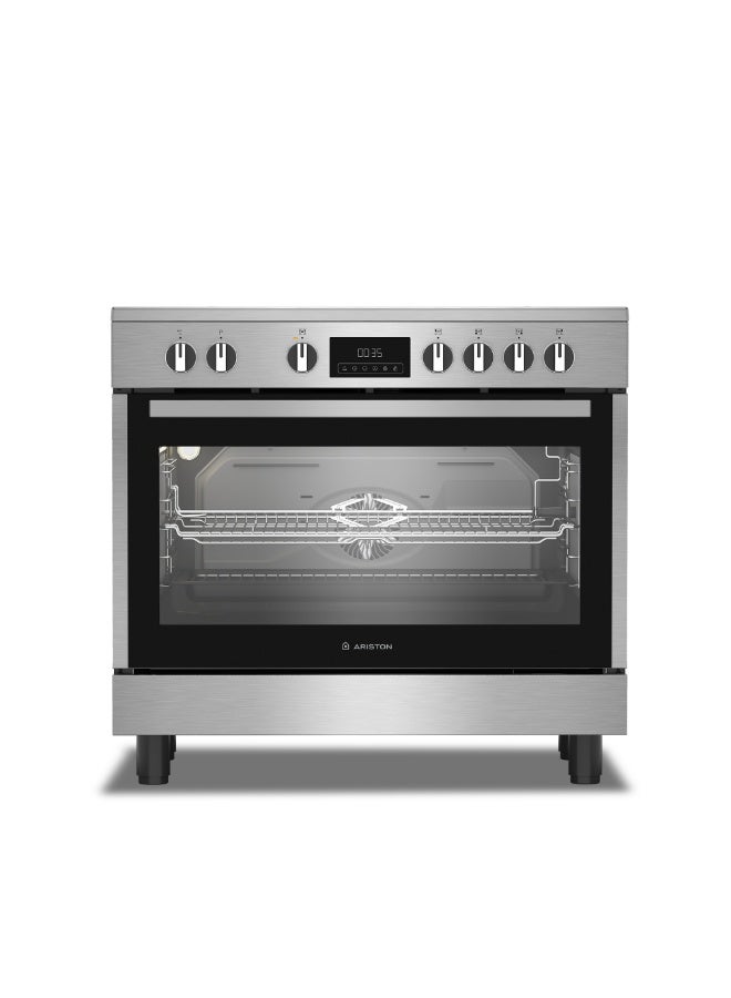 Ariston Electric Cooker, 90x60 cm, Fan-Assisted Oven, Self-Cleaning, LED Display, Glass Top, Stainless Steel Finish – ARR9EV830207XME ARR9EV830207XME Inox - Image 1