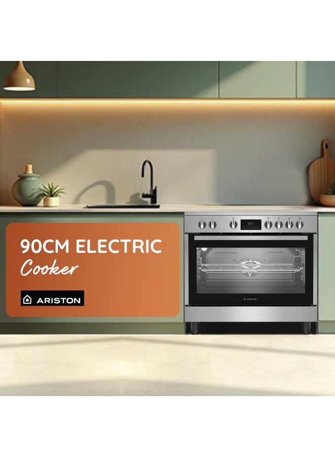 Ariston Electric Cooker, 90x60 cm, Fan-Assisted Oven, Self-Cleaning, LED Display, Glass Top, Stainless Steel Finish – ARR9EV830207XME ARR9EV830207XME Inox - Image 2