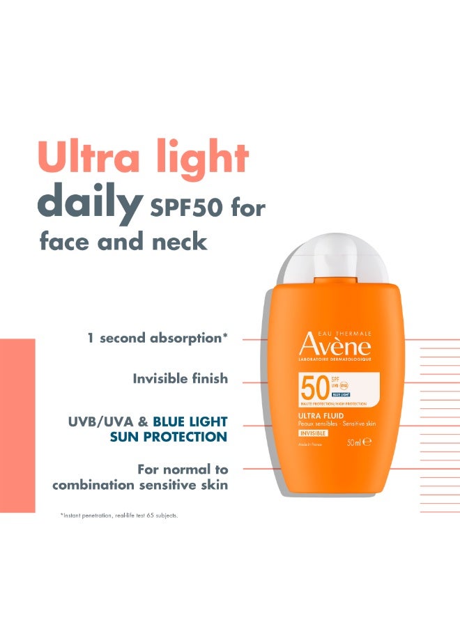 Avene Ultra Fluid Invisible SPF 50 Face Sun Cream – Ultra-Lightweight Protection for Sensitive Skin, TriAsorB™ Blue Light Filter, Water-Resistant & Fragrance-Free for Daily Photo-Aging Defense white 50ml - Image 1