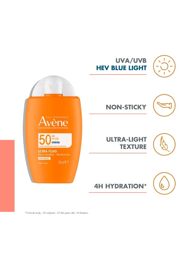 Avene Ultra Fluid Invisible SPF 50 Face Sun Cream – Ultra-Lightweight Protection for Sensitive Skin, TriAsorB™ Blue Light Filter, Water-Resistant & Fragrance-Free for Daily Photo-Aging Defense white 50ml - Image 2