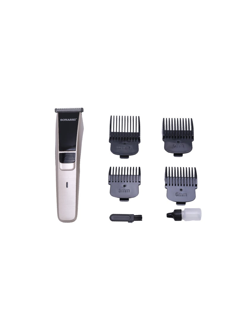 SONASHI Rechargeable Cordless Hair Clipper | Fine Cutting Blades | 50 Minutes Runtime | USB Charging (5V~1A) | Includes 4 Blade Combs (12mm, 9mm, 6mm, 3mm), Cleaning Brush, Oil & USB Cable | SHC-1051 Gold/Black - Image 1