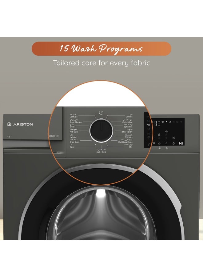 Ariston 8KG Front Load Washing Machine 1200RPM with Steam Therapy, ProSmart Inverter Motor, Add Garment, Mini 14 Quick Wash, Made in Turkey, Gray– ARWF08122SMME 8 kg ARWF08122SMME Grey - Image 5