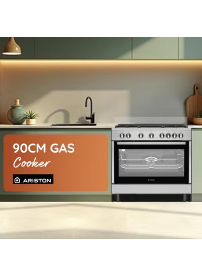 Ariston 90CM Gas Cooker, 5 Burners, Fan-Assisted Oven, Self-Cleaning, Auto Ignition, Safety Valve, Cast Iron Support, Inox – ARR9GGF22125XME ARR9GGF22125XME Inox - Image 2