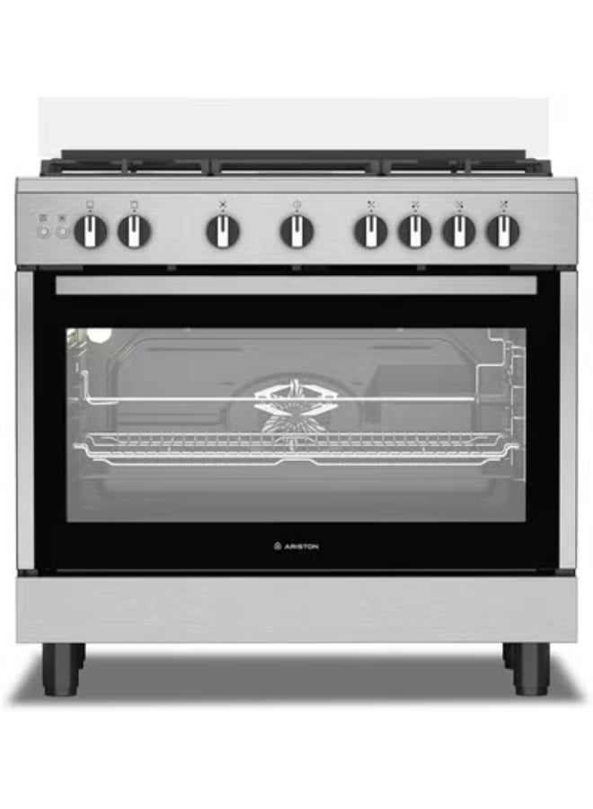 Ariston 90CM Gas Cooker, 5 Burners, Fan-Assisted Oven, Self-Cleaning, Auto Ignition, Safety Valve, Cast Iron Support, Inox – ARR9GGF22125XME ARR9GGF22125XME Inox - Image 1