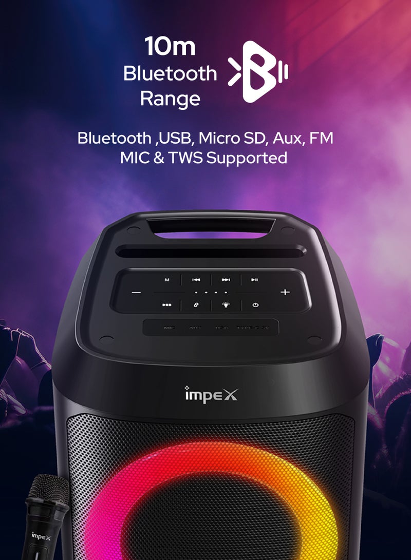 إمبكس 8 Inch Portable Bluetooth Speaker with Wireless Mic | 1500W PMPO | Color Ring Light | 1500mAh Battery | USB/AUX/TWS | 45Hz–20kHz | Built-in Rechargeable Battery | TS 1109 New Model TS 1109 New Model black - Image 4