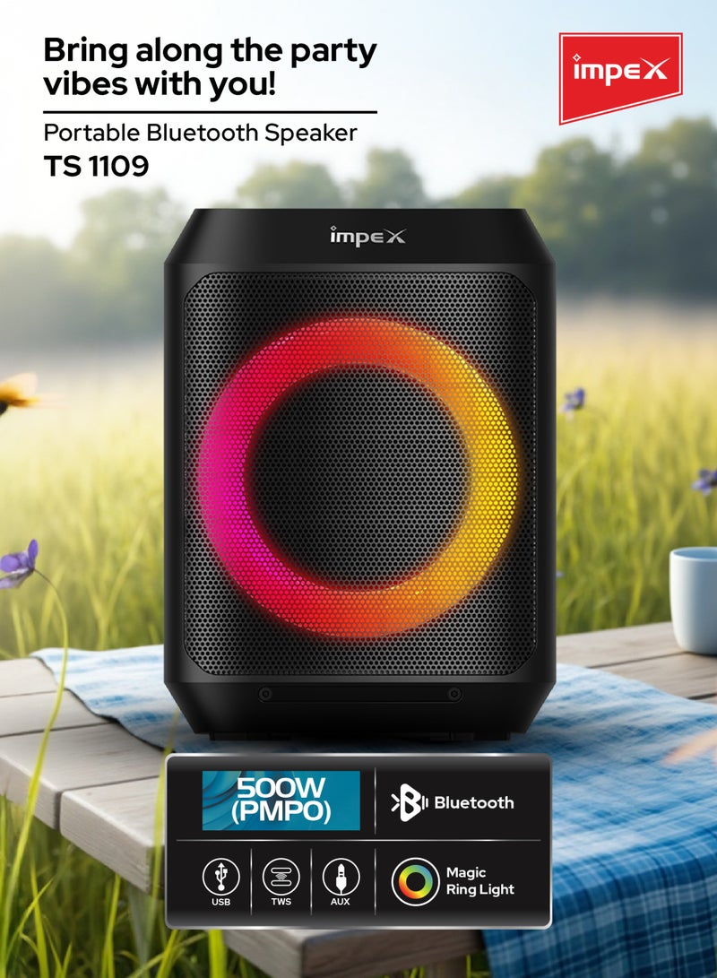 إمبكس 8 Inch Portable Bluetooth Speaker with Wireless Mic | 1500W PMPO | Color Ring Light | 1500mAh Battery | USB/AUX/TWS | 45Hz–20kHz | Built-in Rechargeable Battery | TS 1109 New Model TS 1109 New Model black - Image 2