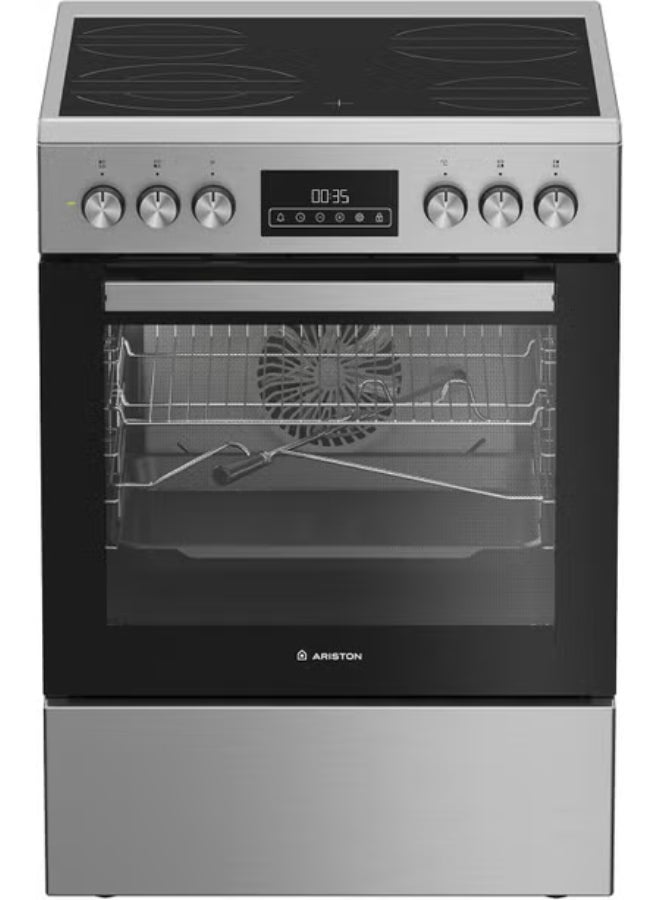 Ariston 60cm Electric Cooker, 4 Burners, Vitroceramic, Built-In Electric Grill, LED Touch Control, 6 Functions, Steam Cleaning, Inox - ARR6EV520205XME ARR6EV520205XME Inox - Image 1