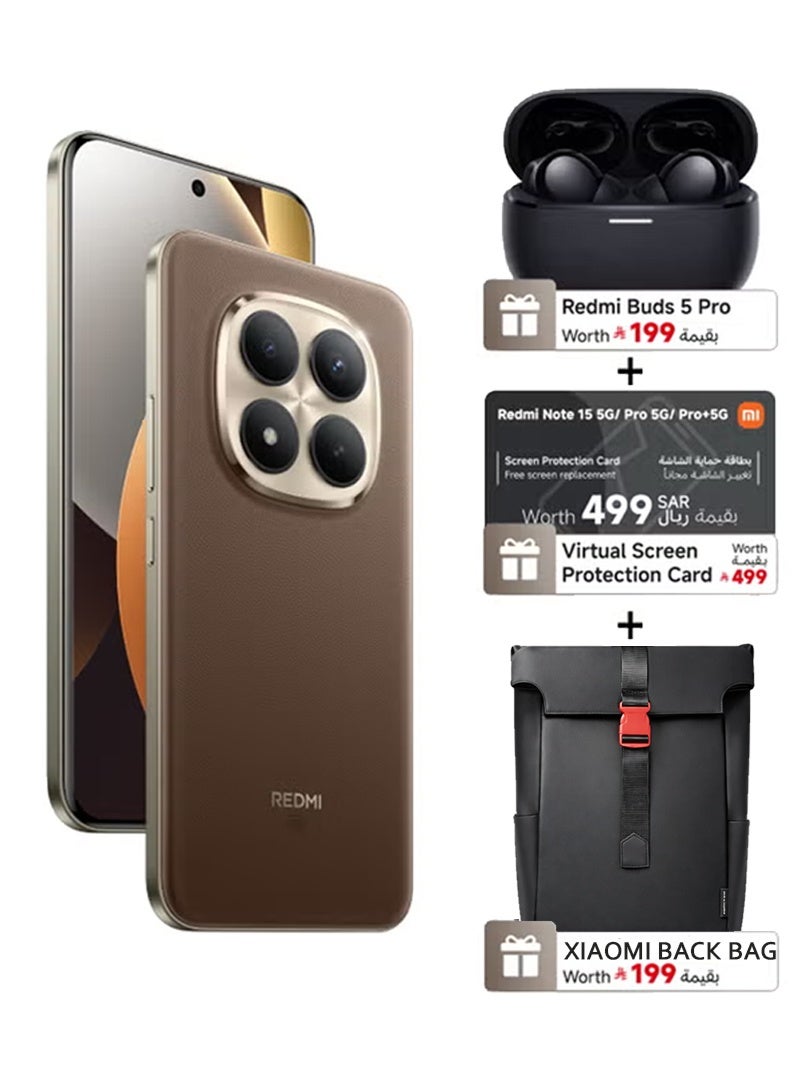 شاومي ريدمي نوت 15 برو+ 5G ثنائي الشريحة + eSIM بلون موكا بني، 12 جيجابايت رام و512 جيجابايت تخزين داخلي، يدعم تقنية 5G - النسخة العالمية مع هدايا مجانية (سماعات بودز 5 برو + بطاقة واقية للشاشة الافتراضية + حقيبة ظهر شاومي) - Image 1
