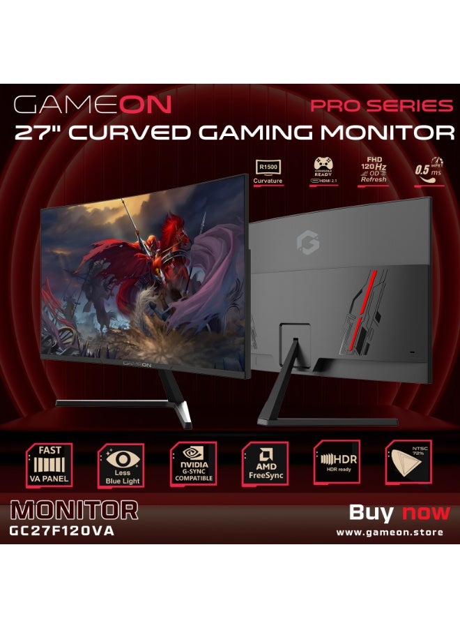 جايم أون شاشة الألعاب المنحنية GAMEON بحجم 27 بوصة FHD 1080p VA بتردد 120Hz مع كسر السرعة 5ms FreeSync التكيفي HDR HDMI 2.1 VGA مكبرات صوت مدمجة ضوء أزرق منخفض خالية من الوميض 4000:1 تباين LED - Image 3