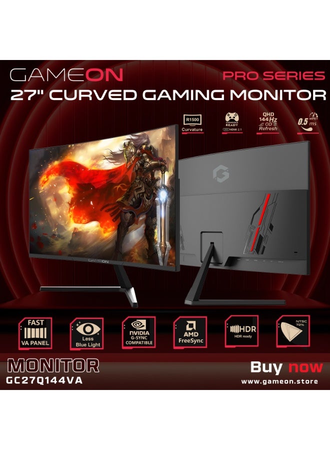 GAMEON 27 Inch Curved Gaming Monitor QHD 2560x1440 144Hz VA Panel 0.5ms MPRT FreeSync Adaptive Sync HDR10 HDMI 2.1 DP 1.4 Built-in Speakers Low Blue Light Flicker Free LED Display Black - Image 3