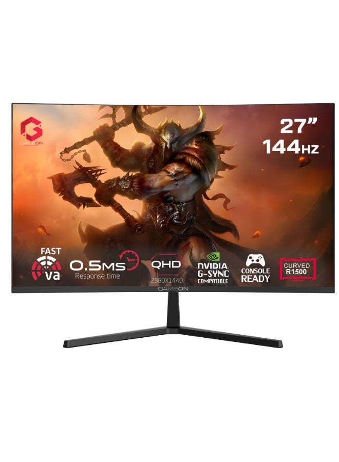 GAMEON 27 Inch Curved Gaming Monitor QHD 2560x1440 144Hz VA Panel 0.5ms MPRT FreeSync Adaptive Sync HDR10 HDMI 2.1 DP 1.4 Built-in Speakers Low Blue Light Flicker Free LED Display Black - Image 1