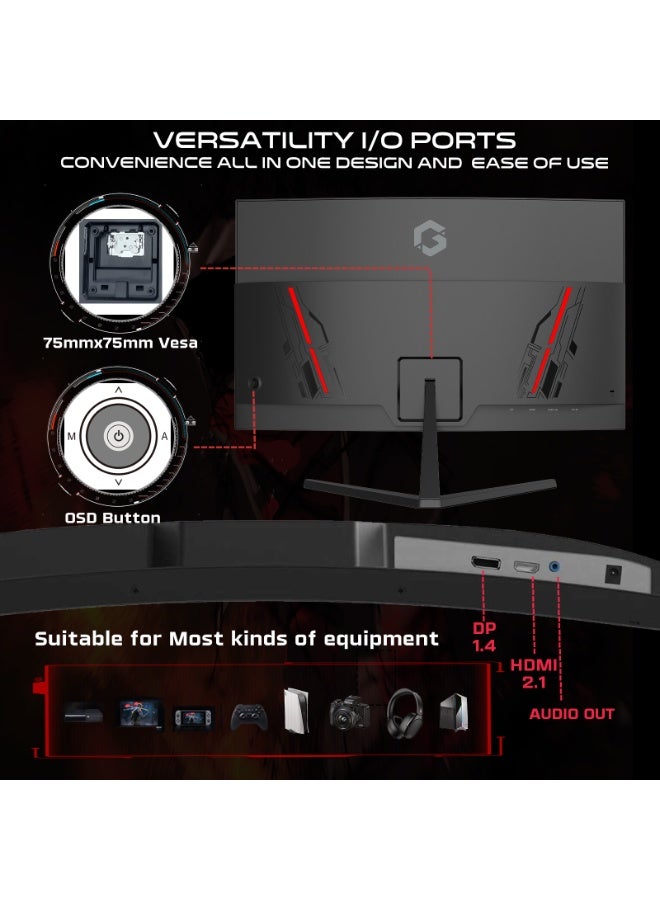 GAMEON 27 Inch Curved Gaming Monitor QHD 2560x1440 144Hz VA Panel 0.5ms MPRT FreeSync Adaptive Sync HDR10 HDMI 2.1 DP 1.4 Built-in Speakers Low Blue Light Flicker Free LED Display Black - Image 5