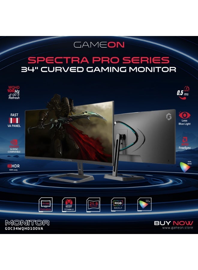 جايم أون GAMEON 34 Inch Curved WQHD Gaming Monitor 3440x1440 100Hz 0.5ms MPRT VA Panel HDR10 FreeSync Adaptive Sync HDMI 2.1 DisplayPort UltraWide 21:9 Built-in Speakers PC & Console Ready black - Image 3