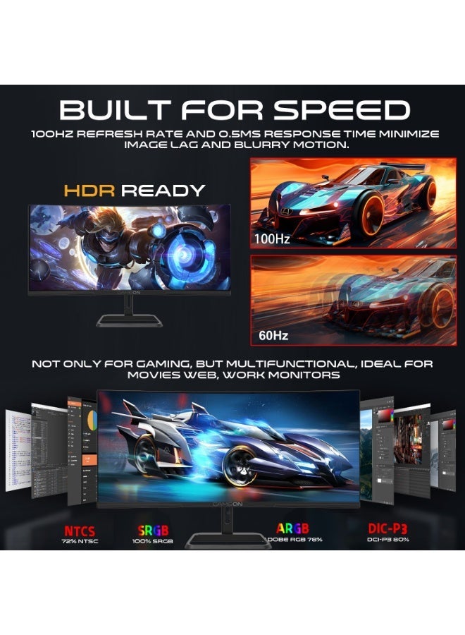 جايم أون GAMEON 34 Inch Curved WQHD Gaming Monitor 3440x1440 100Hz 0.5ms MPRT VA Panel HDR10 FreeSync Adaptive Sync HDMI 2.1 DisplayPort UltraWide 21:9 Built-in Speakers PC & Console Ready black - Image 4