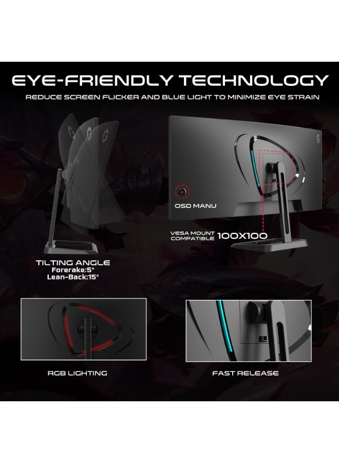 جايم أون GAMEON 34 Inch Curved WQHD Gaming Monitor 3440x1440 100Hz 0.5ms MPRT VA Panel HDR10 FreeSync Adaptive Sync HDMI 2.1 DisplayPort UltraWide 21:9 Built-in Speakers PC & Console Ready black - Image 2