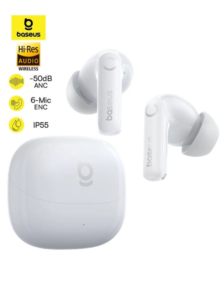 Baseus True Wireless Earbuds Bluetooth 6.0 – TWS In-Ear Headphones with Deep Bass, LDAC Hi-Res Audio, Real-Time Adaptive Noise Cancelling, Adaptive EQ, 6-Mic AI Clear Calls, Touch Control, Low-Latency Gaming Mode, 55H Playtime, IP55 Waterproof, Type-C Fast Charging – For iPhone & Android – White Moon White - Image 1