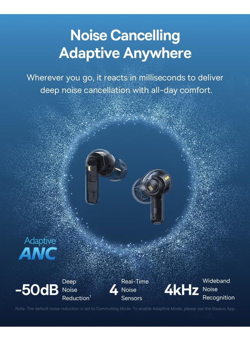 Baseus True Wireless Earbuds Bluetooth 6.0 – TWS In-Ear Headphones with Deep Bass, LDAC Hi-Res Audio, Real-Time Adaptive Noise Cancelling, Adaptive EQ, 6-Mic AI Clear Calls, Touch Control, Low-Latency Gaming Mode, 55H Playtime, IP55 Waterproof, Type-C Fast Charging – For iPhone & Android – White Moon White - Image 2