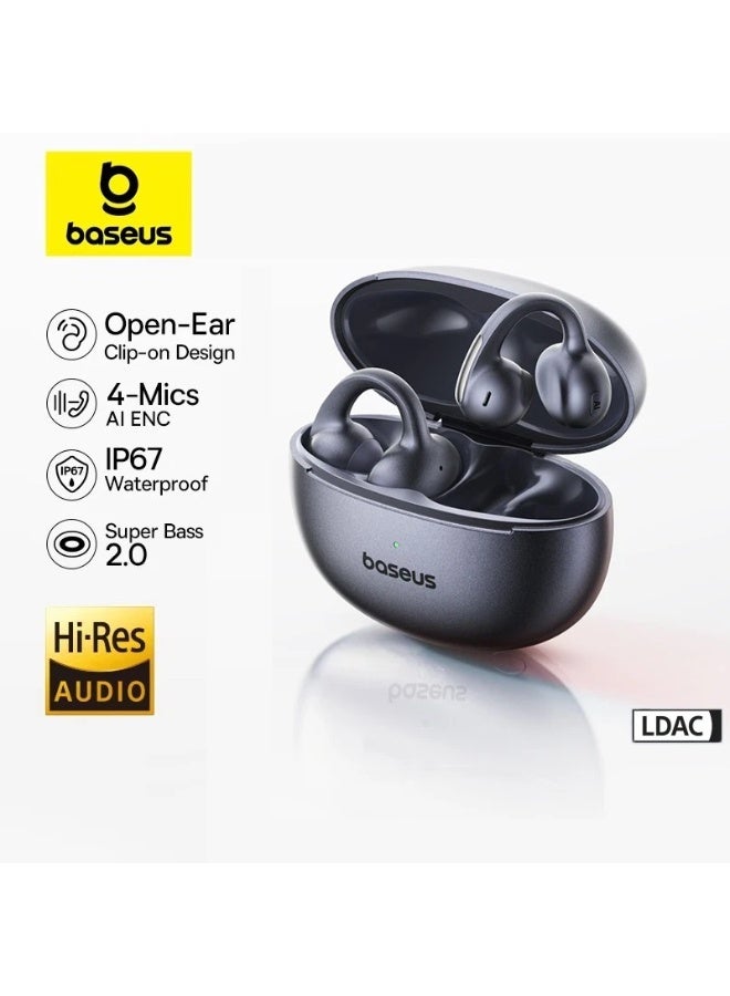بيسوس Wireless Open-Ear Bluetooth 6.0 Clip-On Headphones Sports Earbuds with LDAC Hi-Res Audio, HiFi4 Sound, IP67 Waterproof, 4-Mic AI Noise Cancelling Calls, SuperBass 2.0, Ultra-Light 5g Ear Clip, Sweatproof Secure Fit, Low Latency Gaming Mode – Wireless Earphones for Running, Gym, iPhone & Android – Black MC1 Pro - Black - Image 1