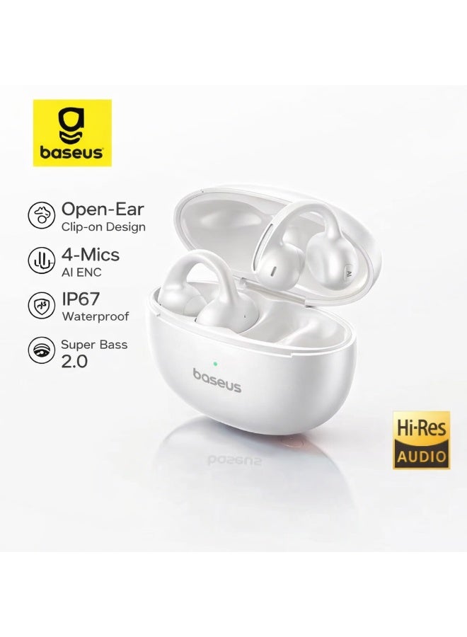 Baseus Wireless Open-Ear Bluetooth 6.0 Clip-On Headphones – Sports Earbuds with LDAC Hi-Res Audio, HiFi4 Sound, IP67 Waterproof, 4-Mic AI Noise Cancelling Calls, SuperBass 2.0, Ultra-Light 5g Ear Clip, Sweatproof Secure Fit, Low Latency Gaming Mode – Wireless Earphones for Running, Gym, iPhone & Android – White MC1 Pro - White - Image 1