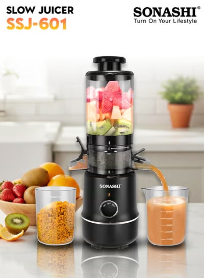 SONASHI Slow Juicer – Unbreakable Juicing Bowl | 103mm Wide Feed Chute, Mesh-Free Filter System | Low Noise Motor with Reverse Function | Juice & Residue Separation | Overheat Protection & Safety Lock | 220–240V 600 ml 100 W SSJ-601 Black - Image 1