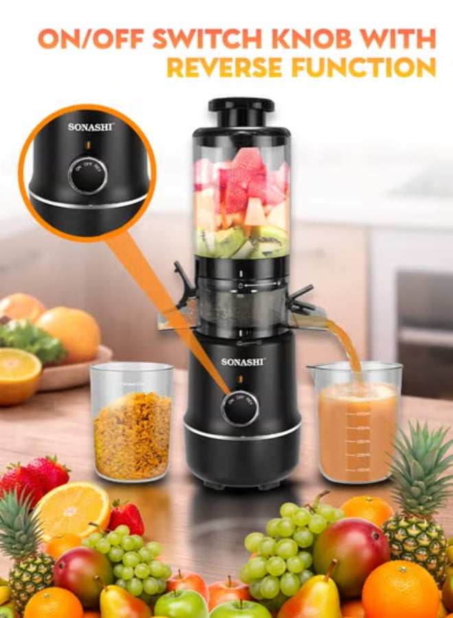 SONASHI Slow Juicer – Unbreakable Juicing Bowl | 103mm Wide Feed Chute, Mesh-Free Filter System | Low Noise Motor with Reverse Function | Juice & Residue Separation | Overheat Protection & Safety Lock | 220–240V 600 ml 100 W SSJ-601 Black - Image 5