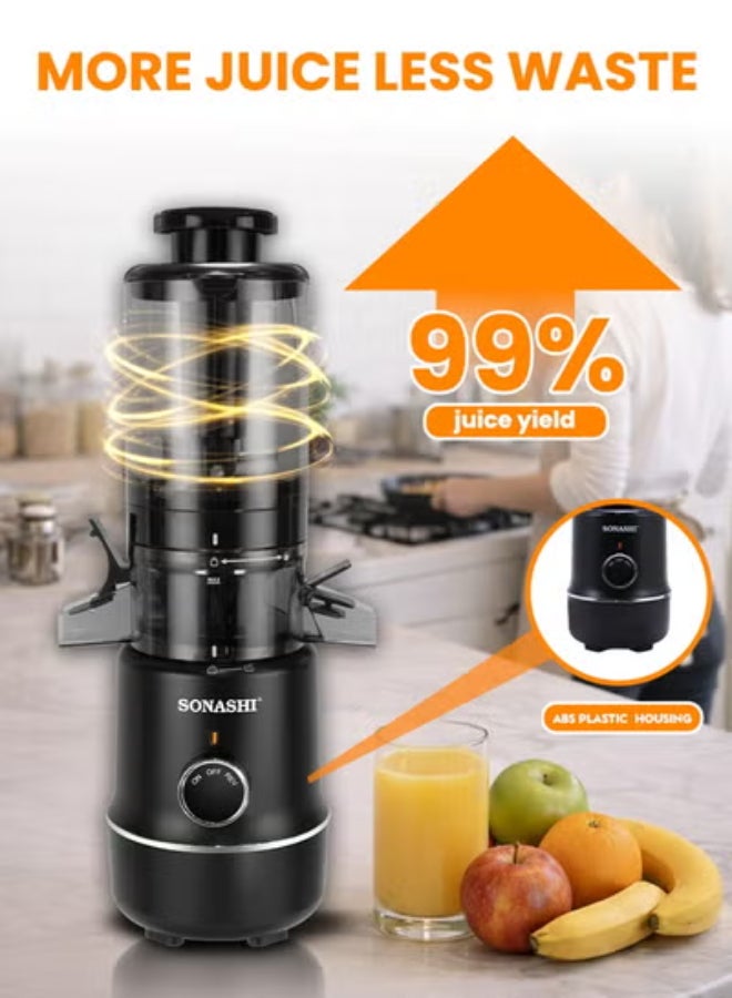SONASHI Slow Juicer – Unbreakable Juicing Bowl | 103mm Wide Feed Chute, Mesh-Free Filter System | Low Noise Motor with Reverse Function | Juice & Residue Separation | Overheat Protection & Safety Lock | 220–240V 600 ml 100 W SSJ-601 Black - Image 4