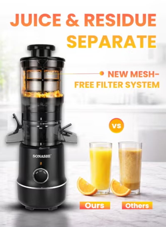 SONASHI Slow Juicer – Unbreakable Juicing Bowl | 103mm Wide Feed Chute, Mesh-Free Filter System | Low Noise Motor with Reverse Function | Juice & Residue Separation | Overheat Protection & Safety Lock | 220–240V 600 ml 100 W SSJ-601 Black - Image 2