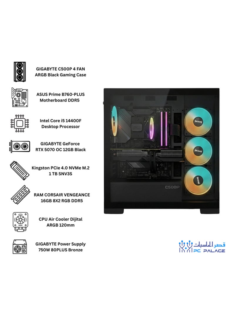 قصر الحاسبات كمبيوتر ألعاب مع معالج إنتل كور i5-14400F / 16 جيجابايت ذاكرة DDR5 / 1 تيرابايت SSD M.2 / 12 جيجابايت Nvidia GeForce RTX 5070 رسومات / ويندوز 11 برو - Image 3