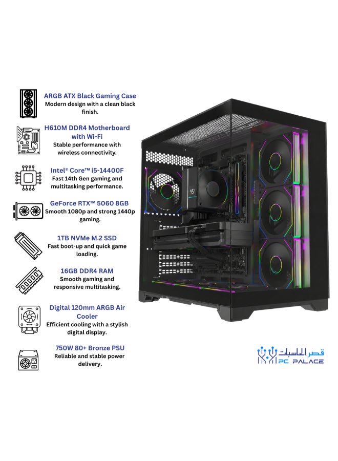 PC PALACE Gaming PC With Intel Core i5 14400F Processor/16GB RAM/1TB SSD M.2/8GB Nvidia GeForce RTX 5060 Graphics/Windows 11 Pro/ Black - Image 3
