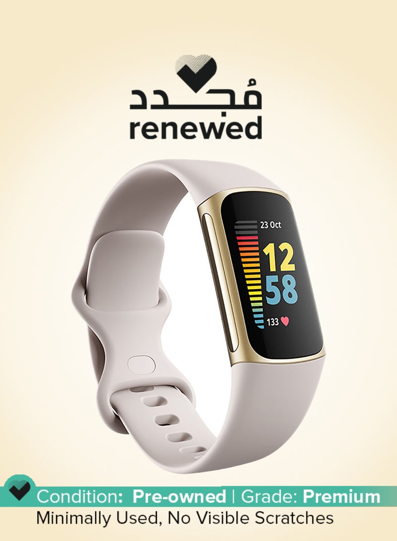 Fitbit Renewed - Charge 5 With Advanced Fitness + Health Tracker Lunar White/Soft Gold Stainless Steel - Image 1