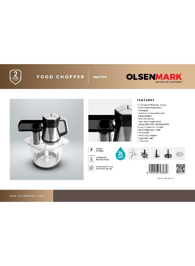 Olsenmark Food Chopper OMC7074 | 3L Glass Bowl | 800W Copper Motor | 8 Stainless Steel Blades | Multi-Purpose Chopping & Mixing | Overheat Protection | Anti-Skid Base | 2 Years Warranty 3 L 800 W OMC7074 Black & Silver - Image 3