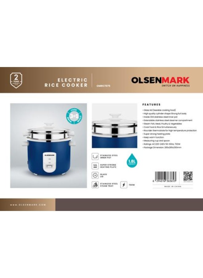 Olsenmark 1.8L Electric Rice Cooker OMRC7075 – 3‑in‑1 Cook, Steam & Warm – 700W 1.8 L 700 W OMRC7075 blue - Image 2