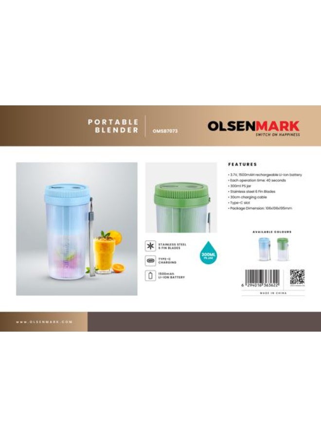 Olsenmark 300ml Rechargeable Portable Blender OMSB7073 | Mini Juicer with 6-Fin Stainless Steel Blades | USB Type-C Charging | Smoothie & Juice Maker | Green 300 ml 60 W OMSB7073 GREEN - Image 2