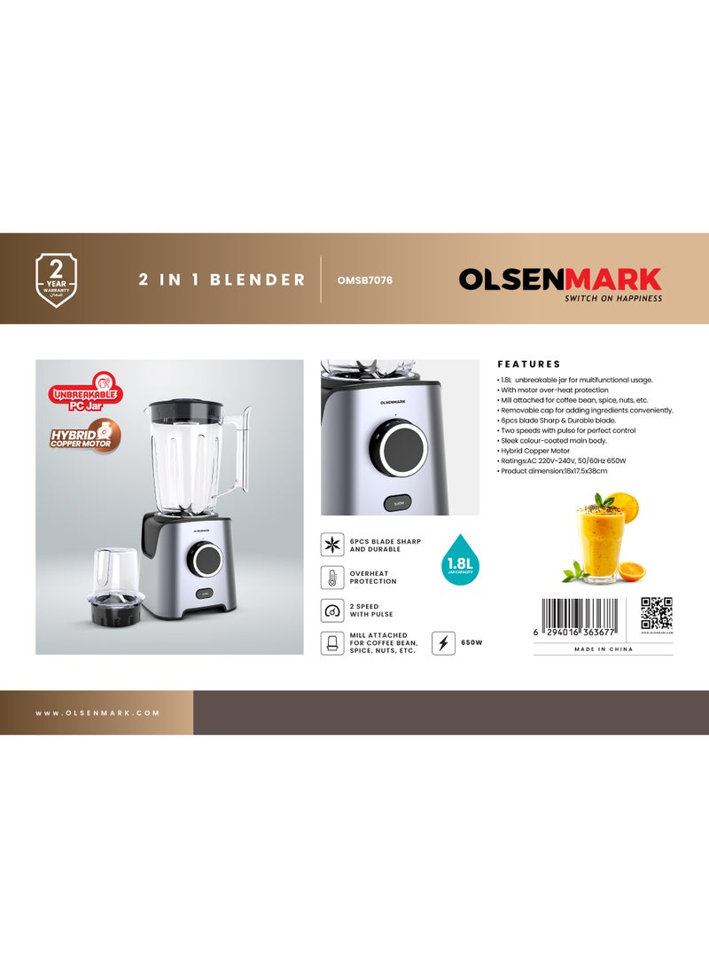 Olsenmark 2-in-1 Blender OMSB7076 | 650W Hybrid Copper Motor, 1.8L Unbreakable PC Jar | 2 Speed with Pulse, Mill Attachment | Silver & Black 650 W OMSB7076 grey - Image 2