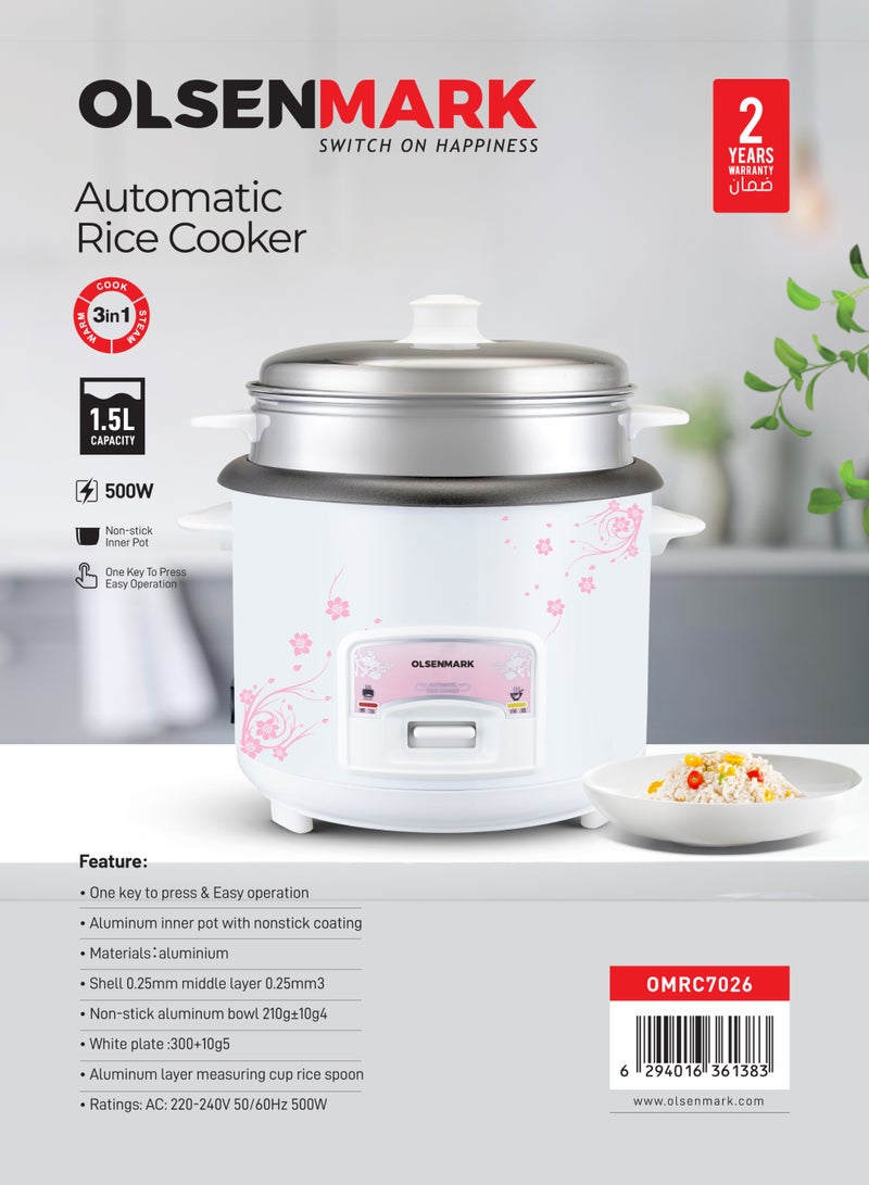 Olsenmark 1.5L Automatic Rice Cooker – 500W, 3-in-1 Cook, Steam & Keep Warm, Non-Stick Aluminum Inner Pot, Single Switch Operation, White & Pink Floral | Model OMRC7026 1.5 L 500 W OMRC7026 White and Pink - Image 1
